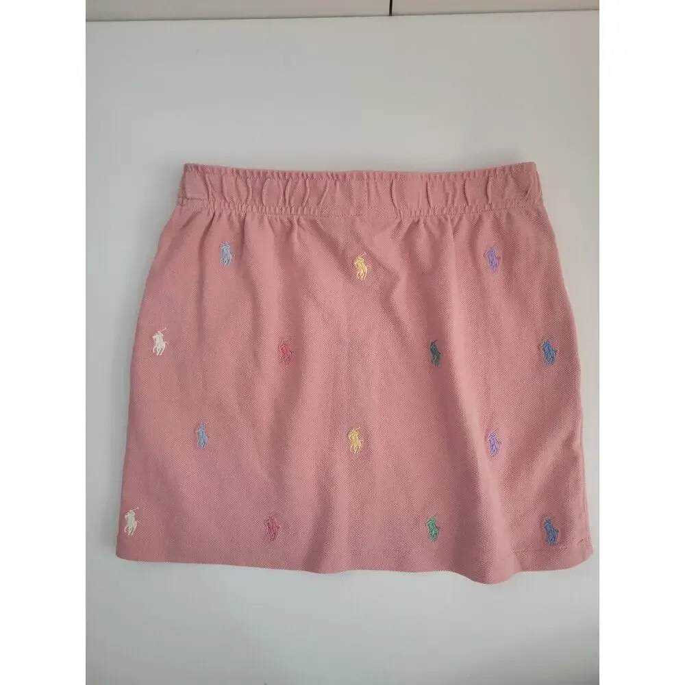 NWT Polo Ralph Lauren Girls Medium 8-10 Knit Skirt Rainbow Pony Logo Drawstring